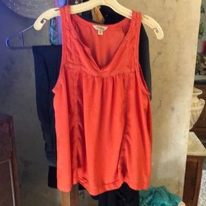 Lucky Brand orange baby doll boho top sleeveless lace trim flowy v neck soft ❤️
